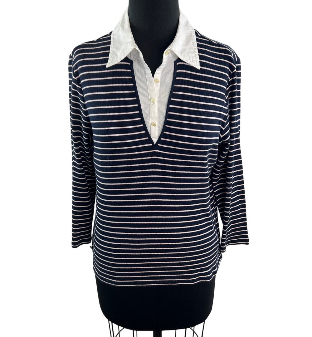 Lauren Ralph Lauren Navy White Polo Sweater Cotton Striped Collared Size Large L